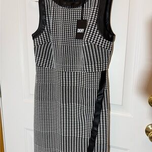 DKNY Black and White Houndstooth Midi Sheath Dress with Faux-Leather Trim